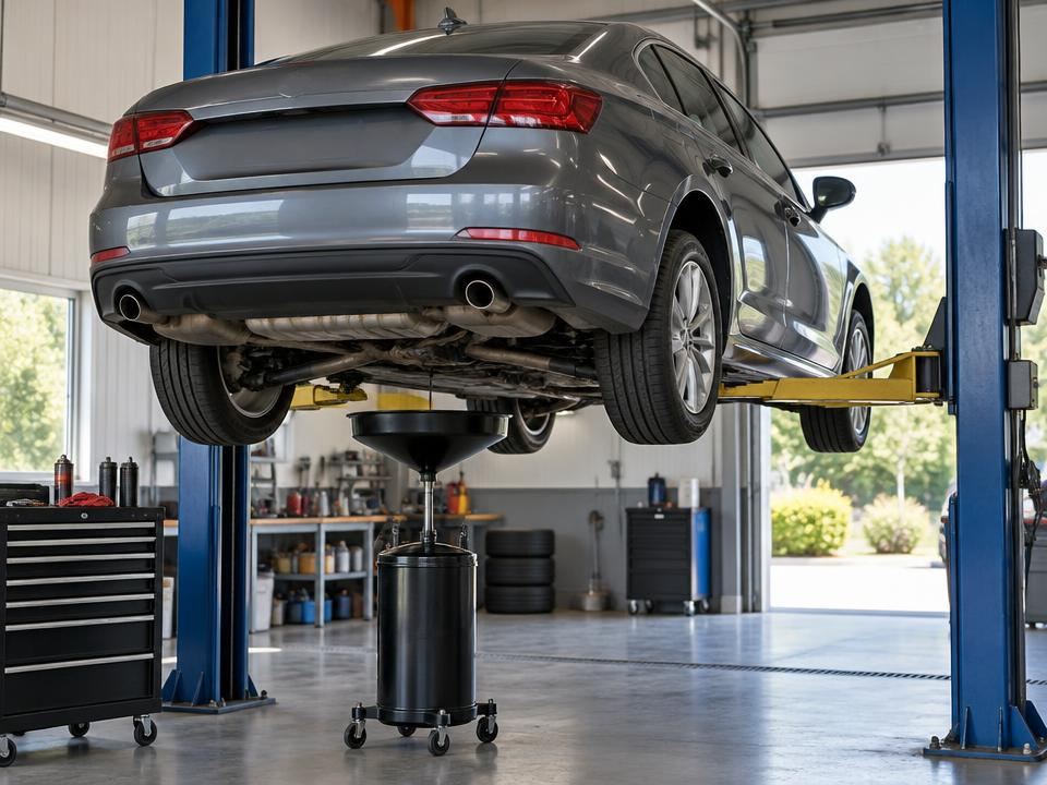 Car raised on a lift above oil change equipment