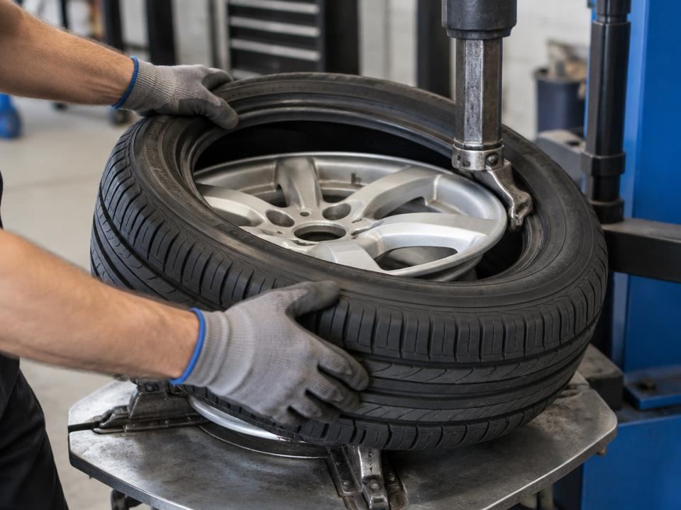 Gloved hands mounting a tire on a wheel