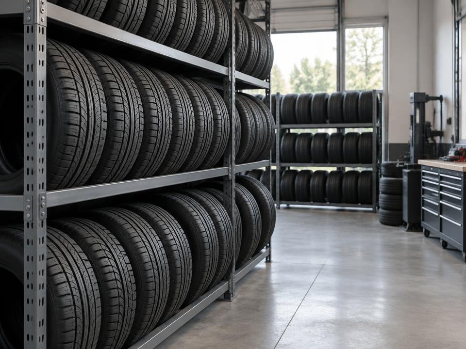 Tires stored on racks in a service bay